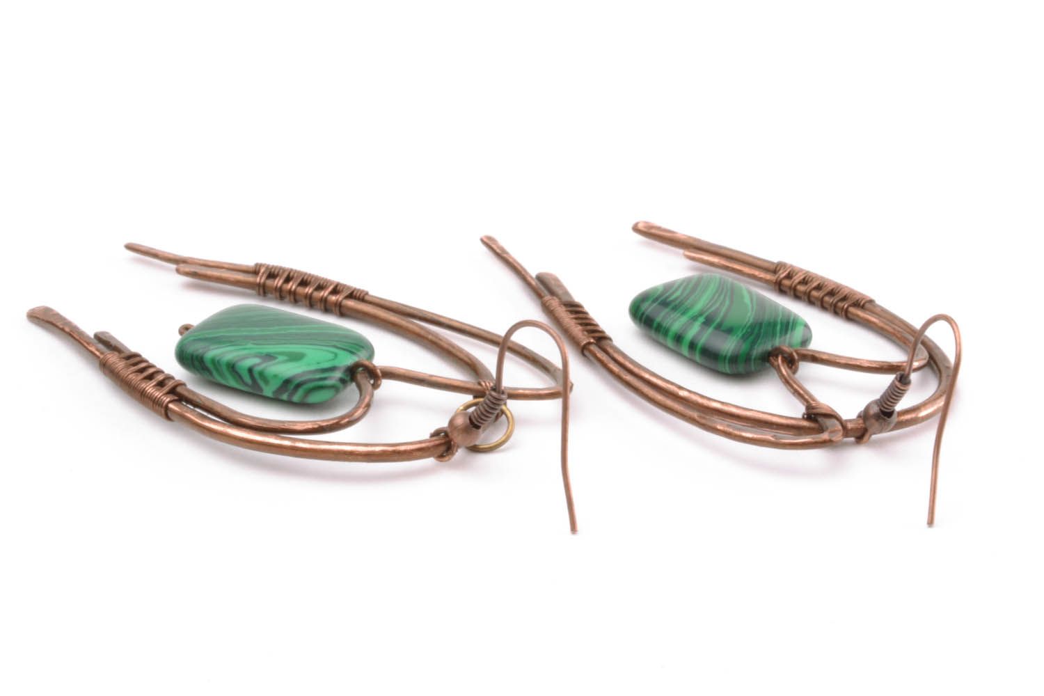 Large copper earrings with malachite stone photo 3