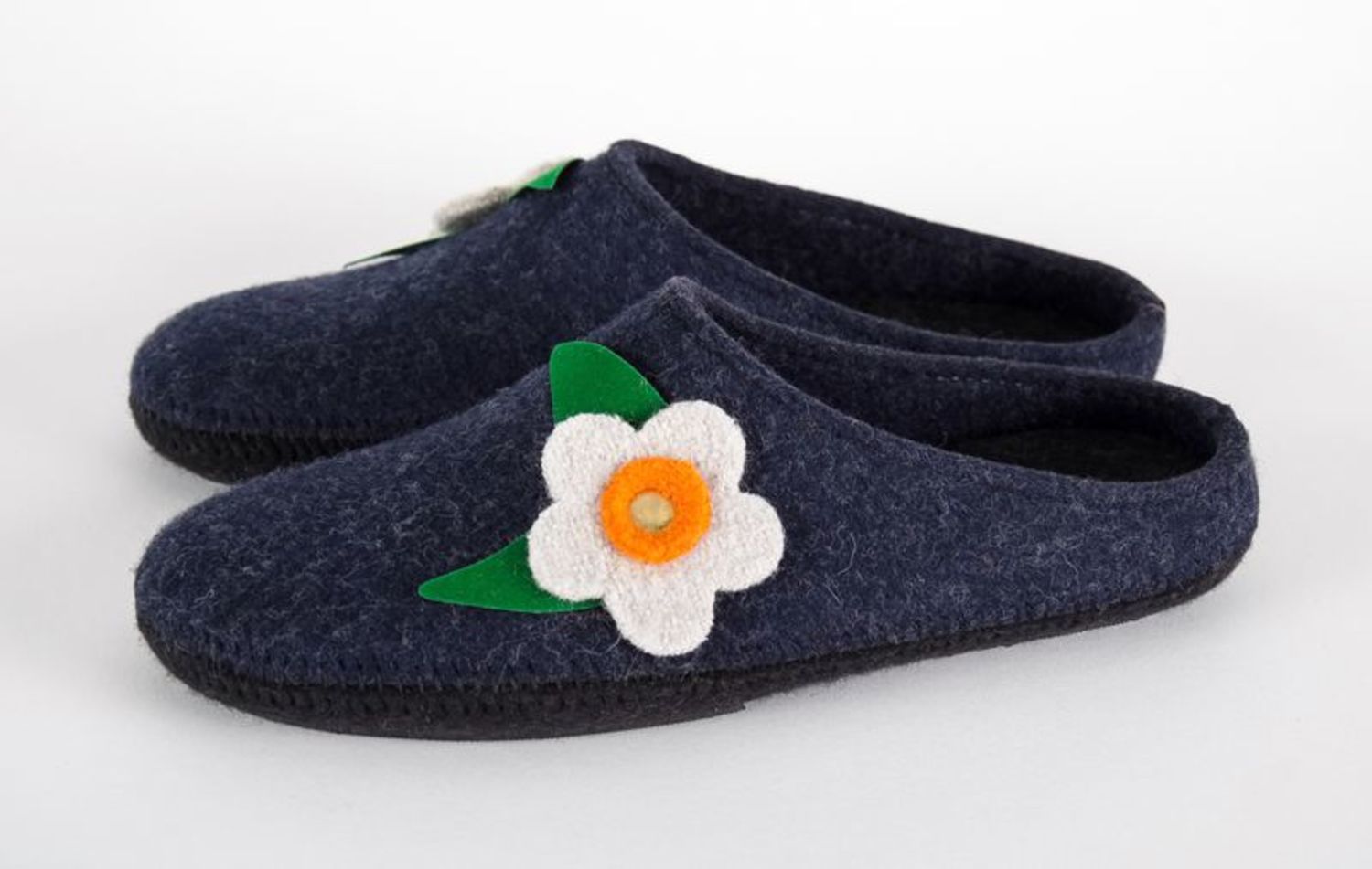 Women's felt slippers of blue color with flower photo 2