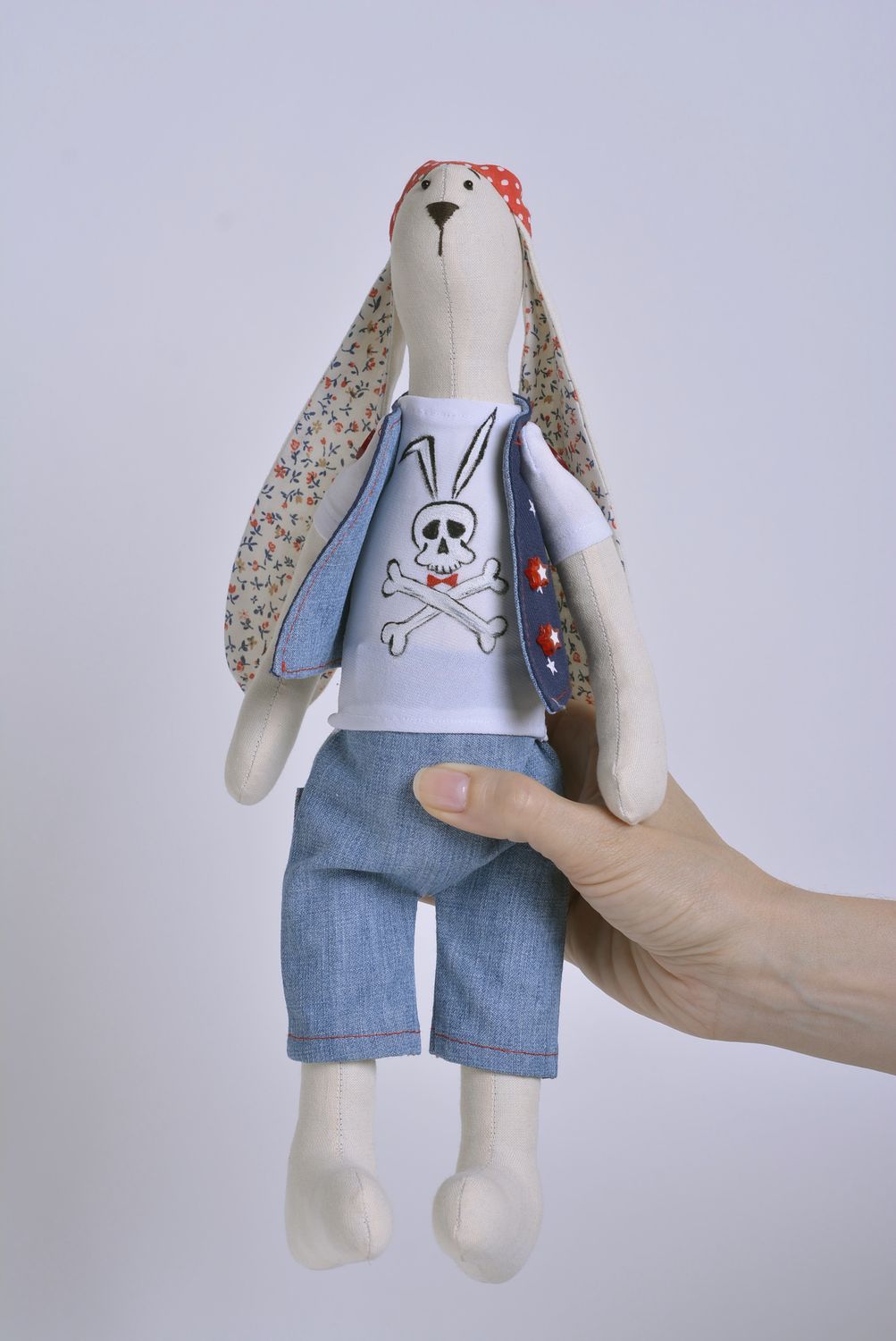 Set of 2 handmade designer cotton and denim soft toys rabbits boy and girl photo 5