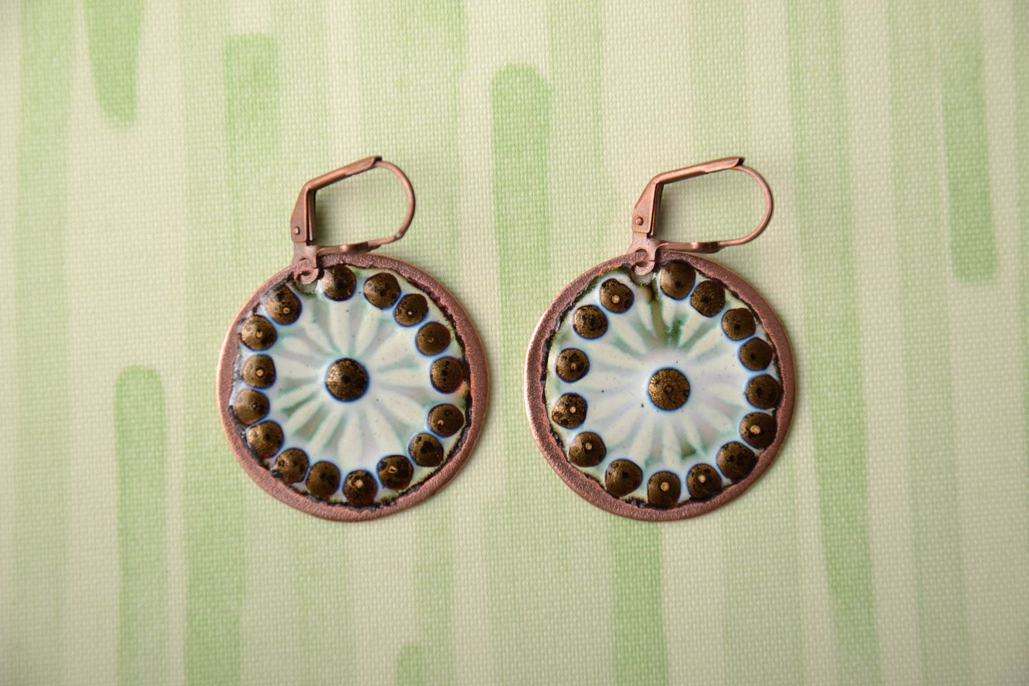 Designer copper earrings of round shape painted with enamels photo 1