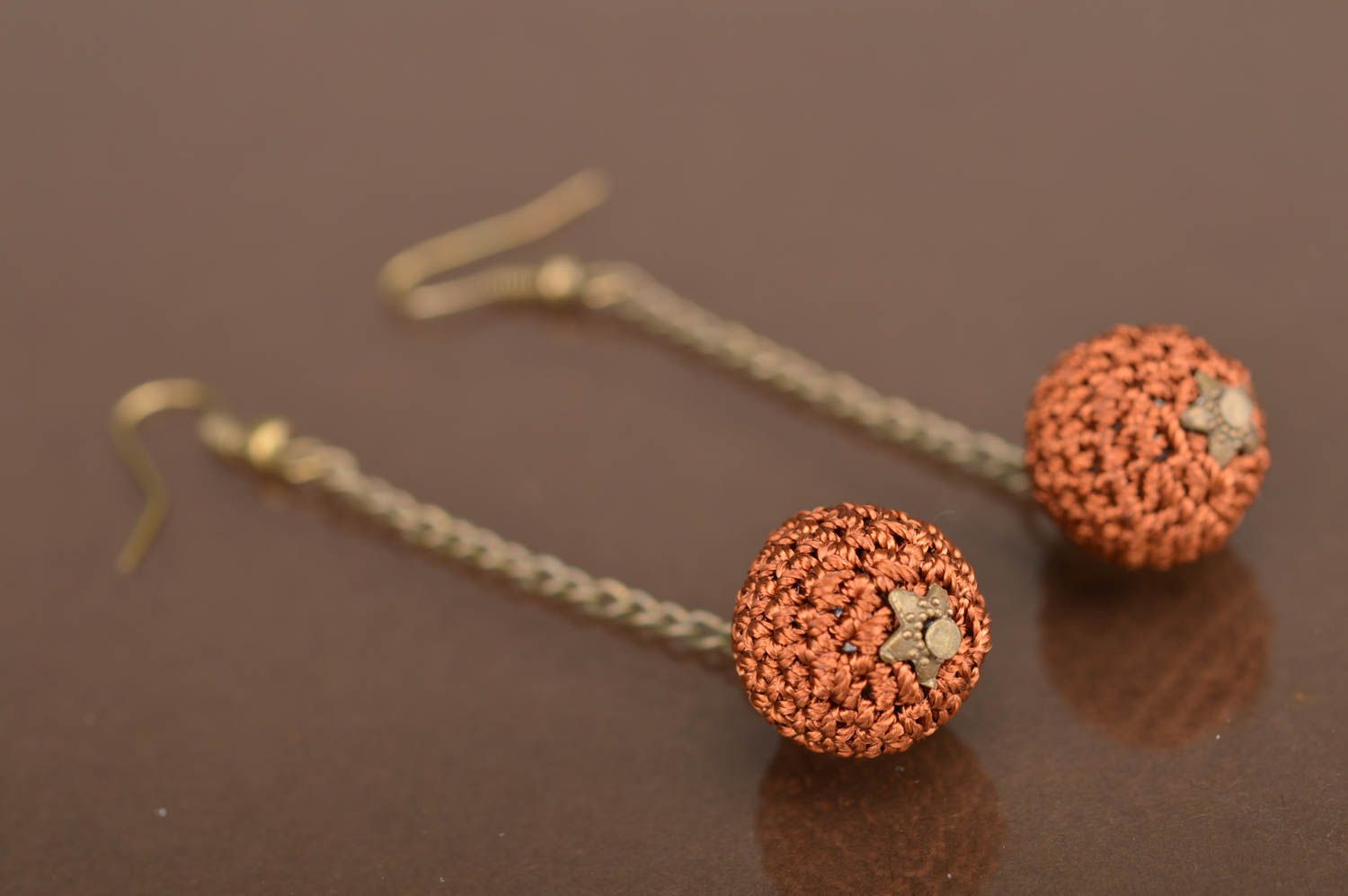 Beautiful handmade designer stylish earrings with brown crochet over beads photo 5