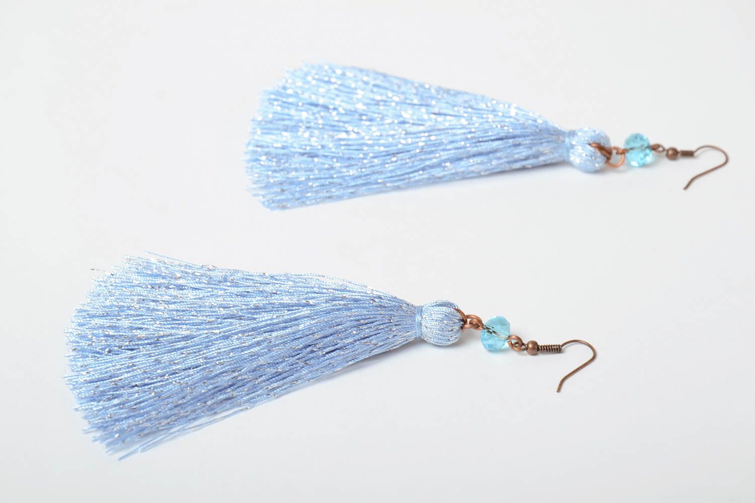 Beautiful stylish handmade blue textile tassel earrings with quartz beads photo 3