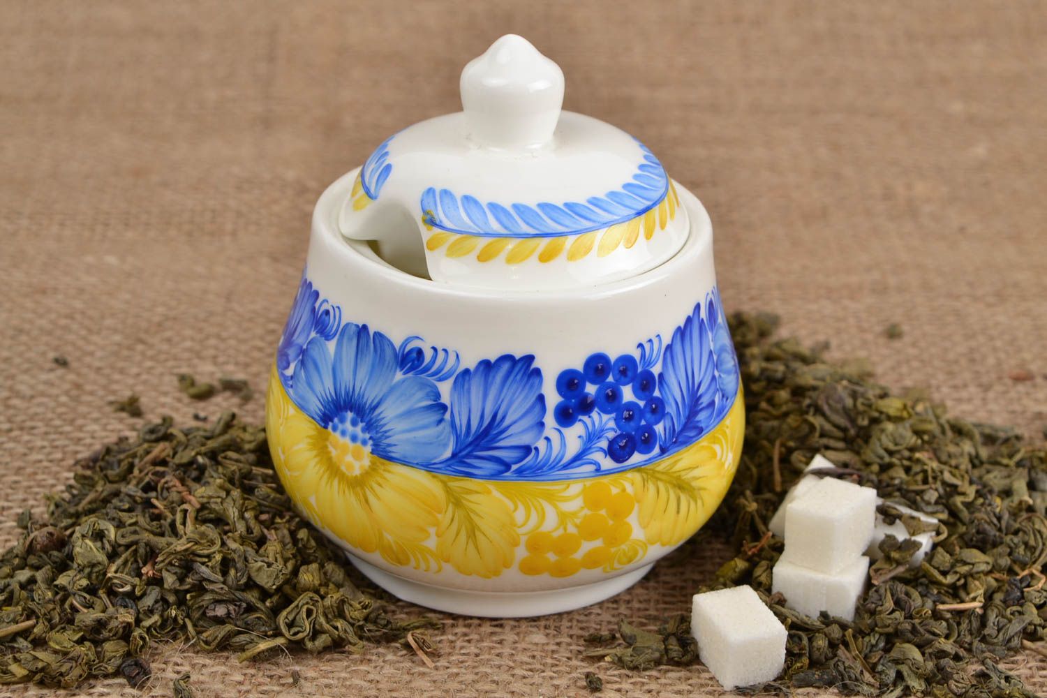 Sucrier fait main Pot à sucre porcelaine Ustensile de cuisine bleu et jaune photo 1
