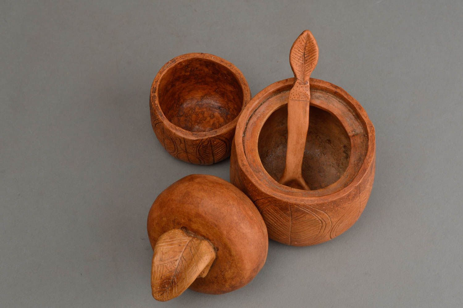 Art red clay handmade pottery set of no handle cup with ceramic spoon and pot with handle photo 5
