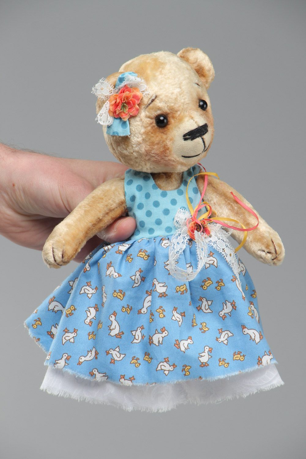 Handmade light plush soft toy bear in blue sun dress for children photo 5