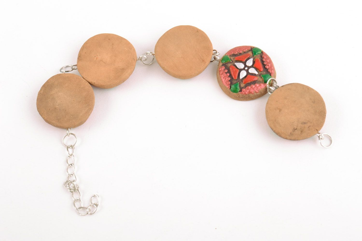 Handmade wrist bracelet on chain with ceramic elements with bright ornaments photo 3