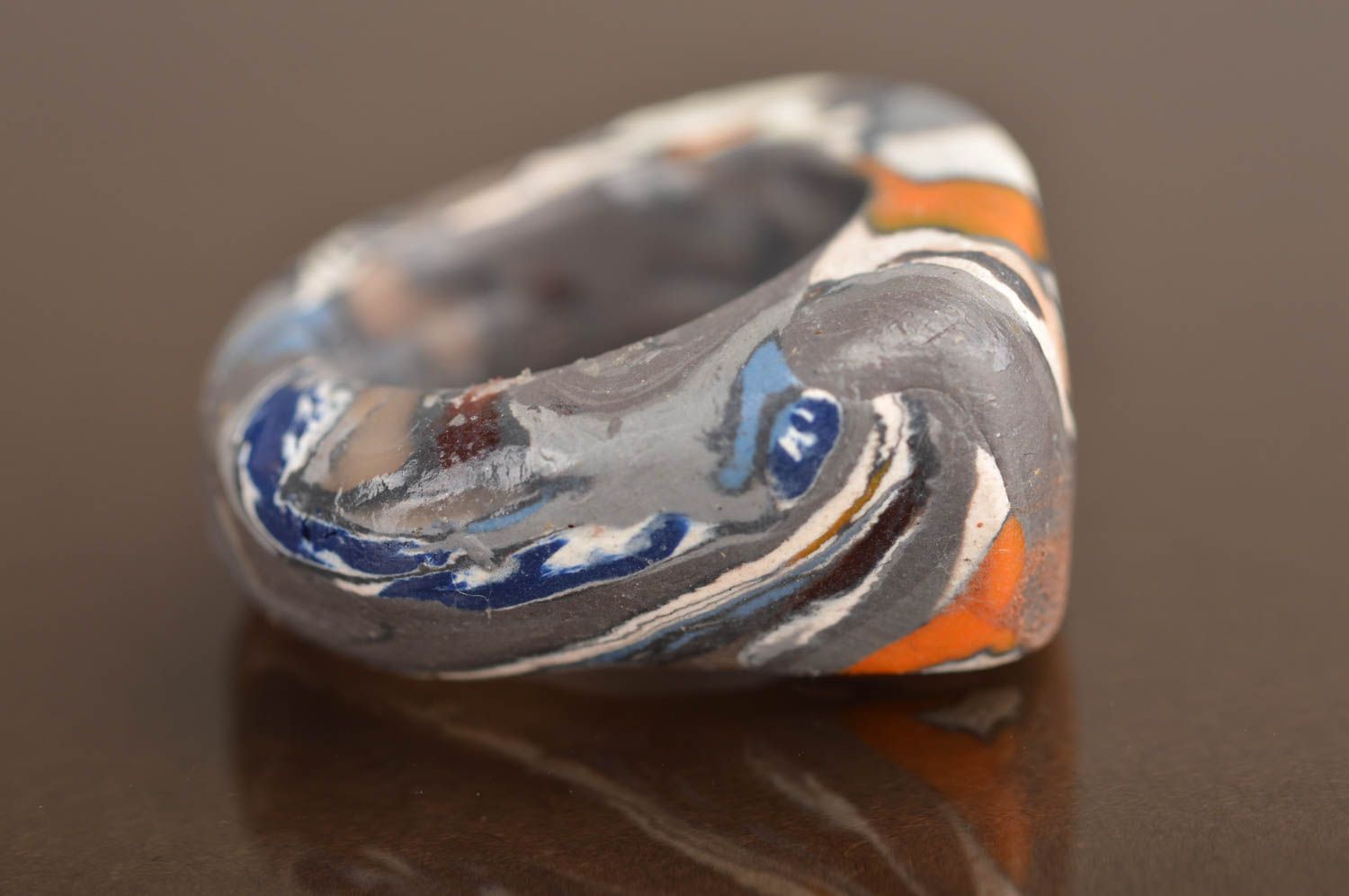 Handmade ring of polymer clay in grey color with splashes of other colors photo 4