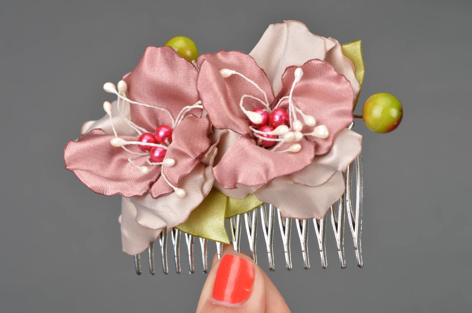 Unusual beautiful handmade designer satin ribbon flower hair comb kanzashi photo 3