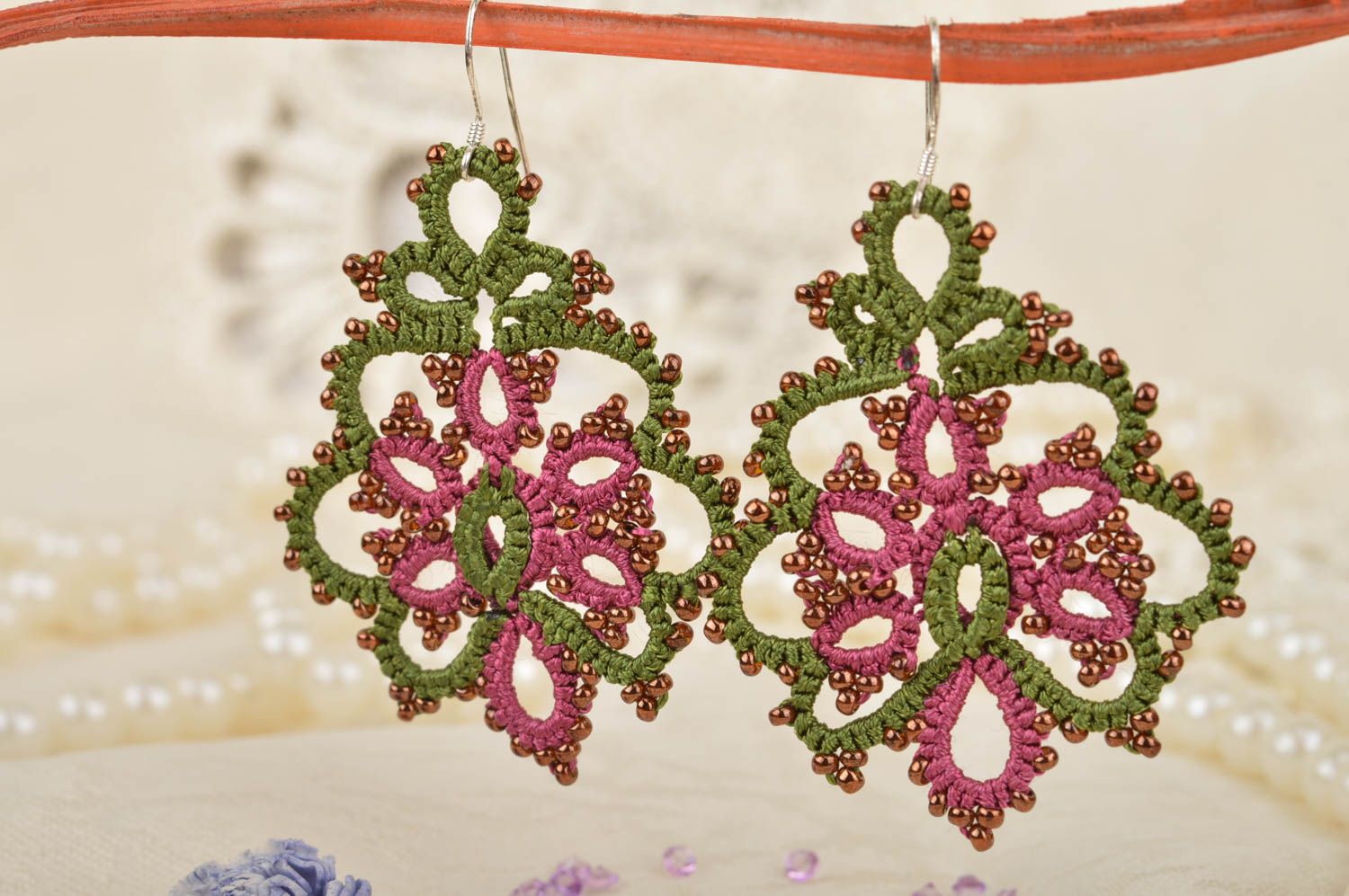 Beautiful women's handmade designer crochet tatted earrings with beads photo 4