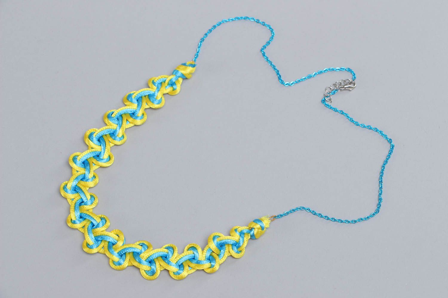 Handmade textile woven necklace made of textile cords yellow-blue summer jewelry photo 2