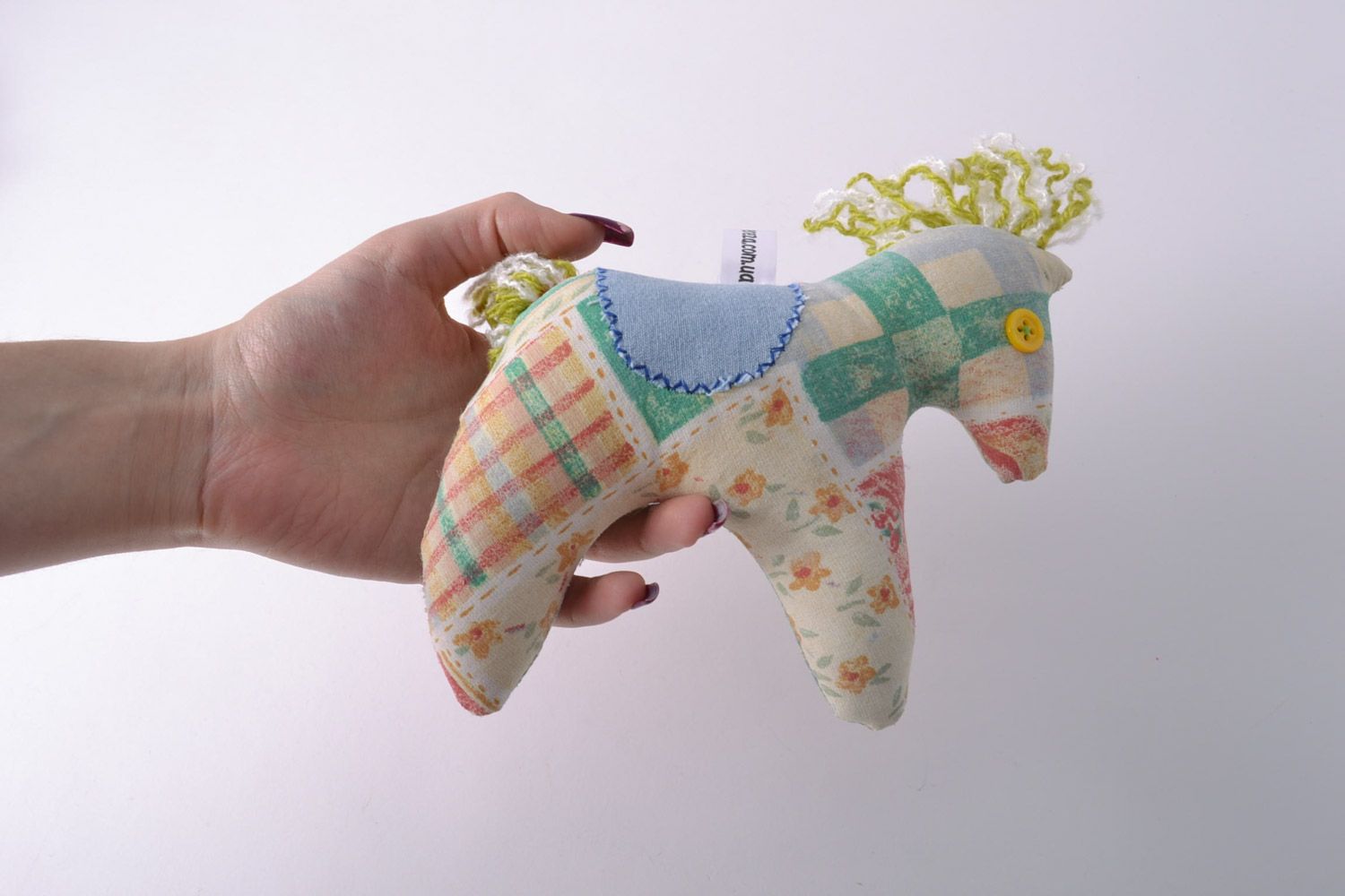 Small handmade colorful fabric soft toy horse styled on patchwork for child photo 5