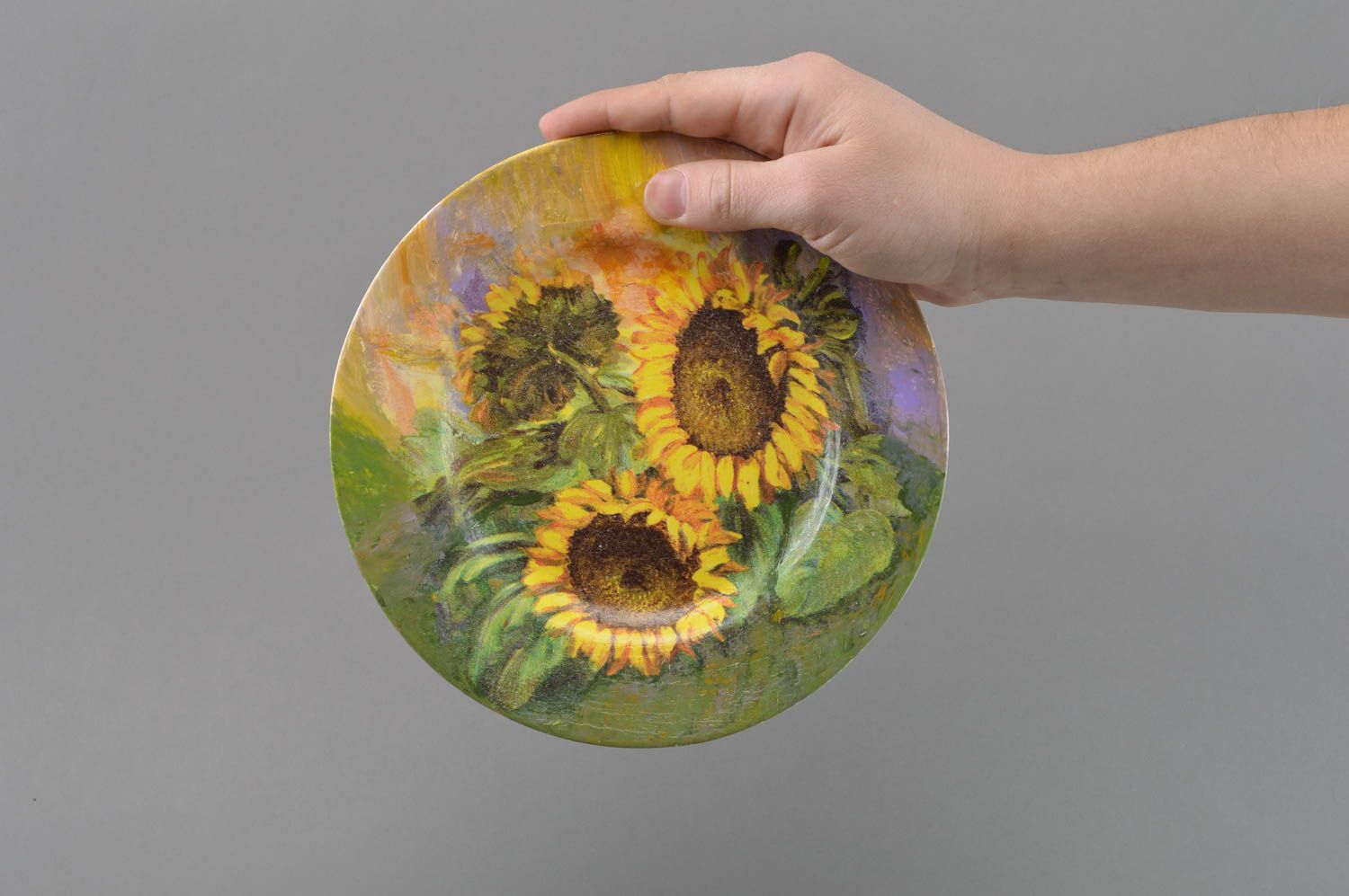 Decorative designer decoupage glass round plate handmade Sunflowers painted photo 4