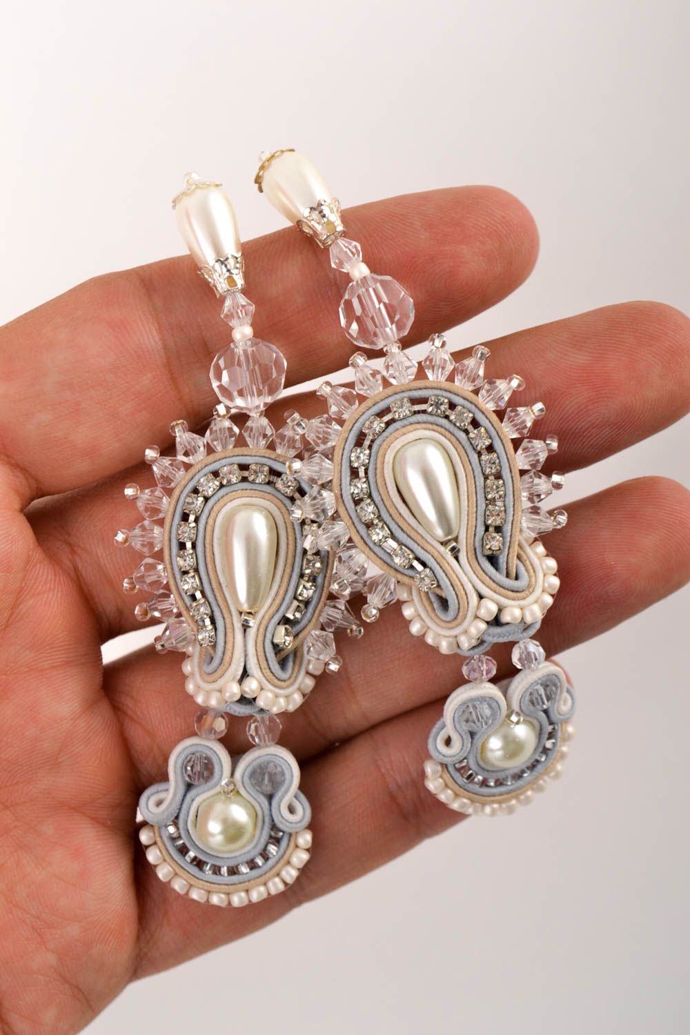 Handmade soutache earrings designer dangling earrings white festive jewelry photo 5