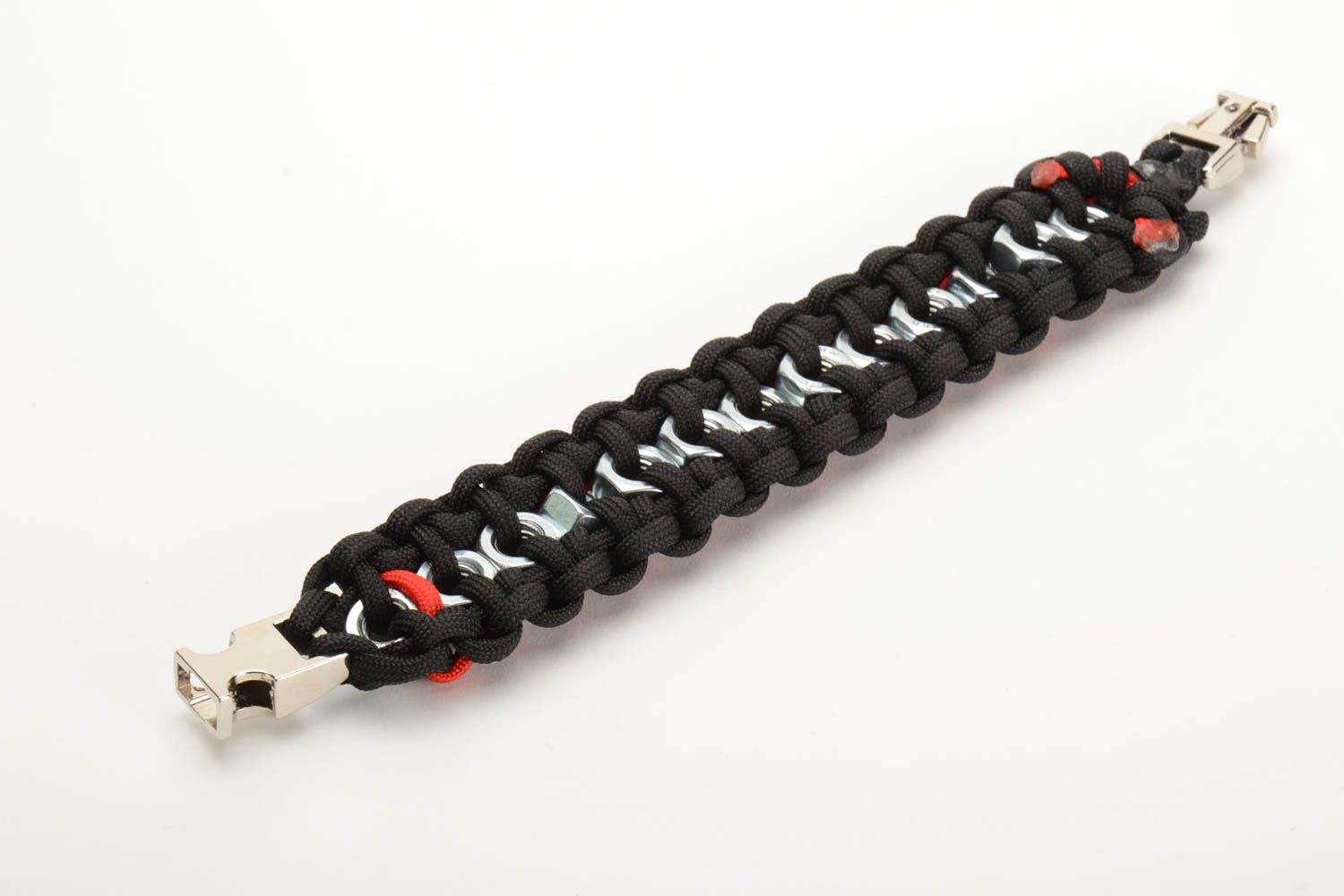 Unusual black and red woven paracord bracelet with metal nuts and fastener handmade photo 4