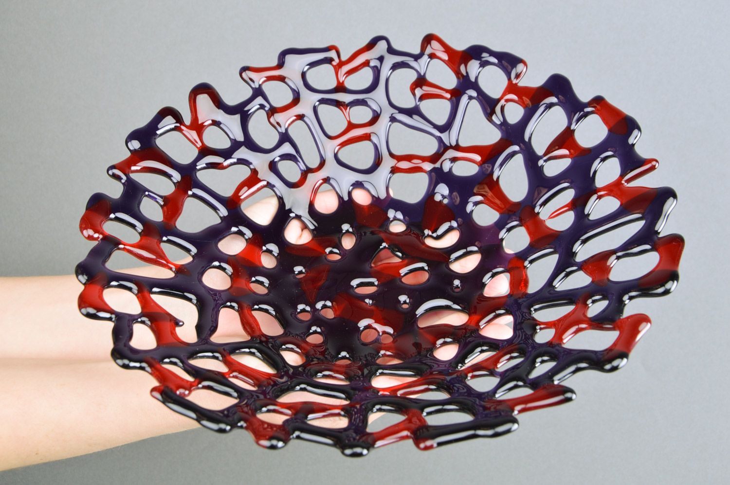 Rot blauer künstlerischer Teller aus Glas in Fusing Technik für Obst Handarbeit  foto 3