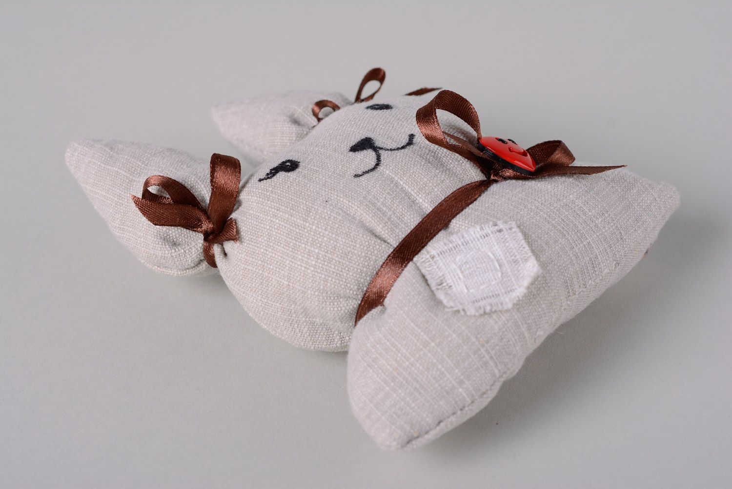 Handmade soft toy sewn of fabric and cotton wool with ribbons Hare photo 4