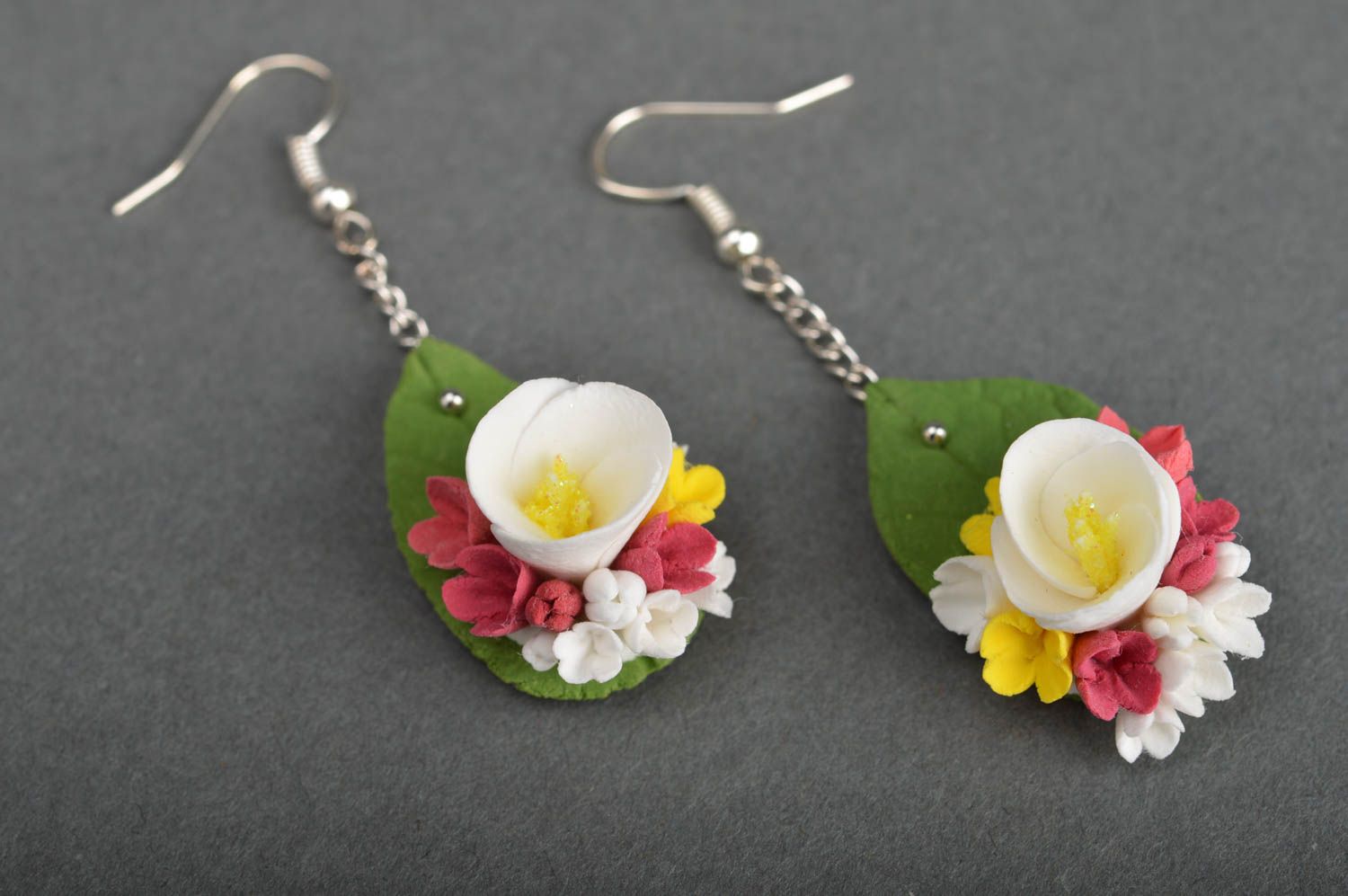 Beautiful homemade women's designer flower earrings molded of clay Leaves photo 2