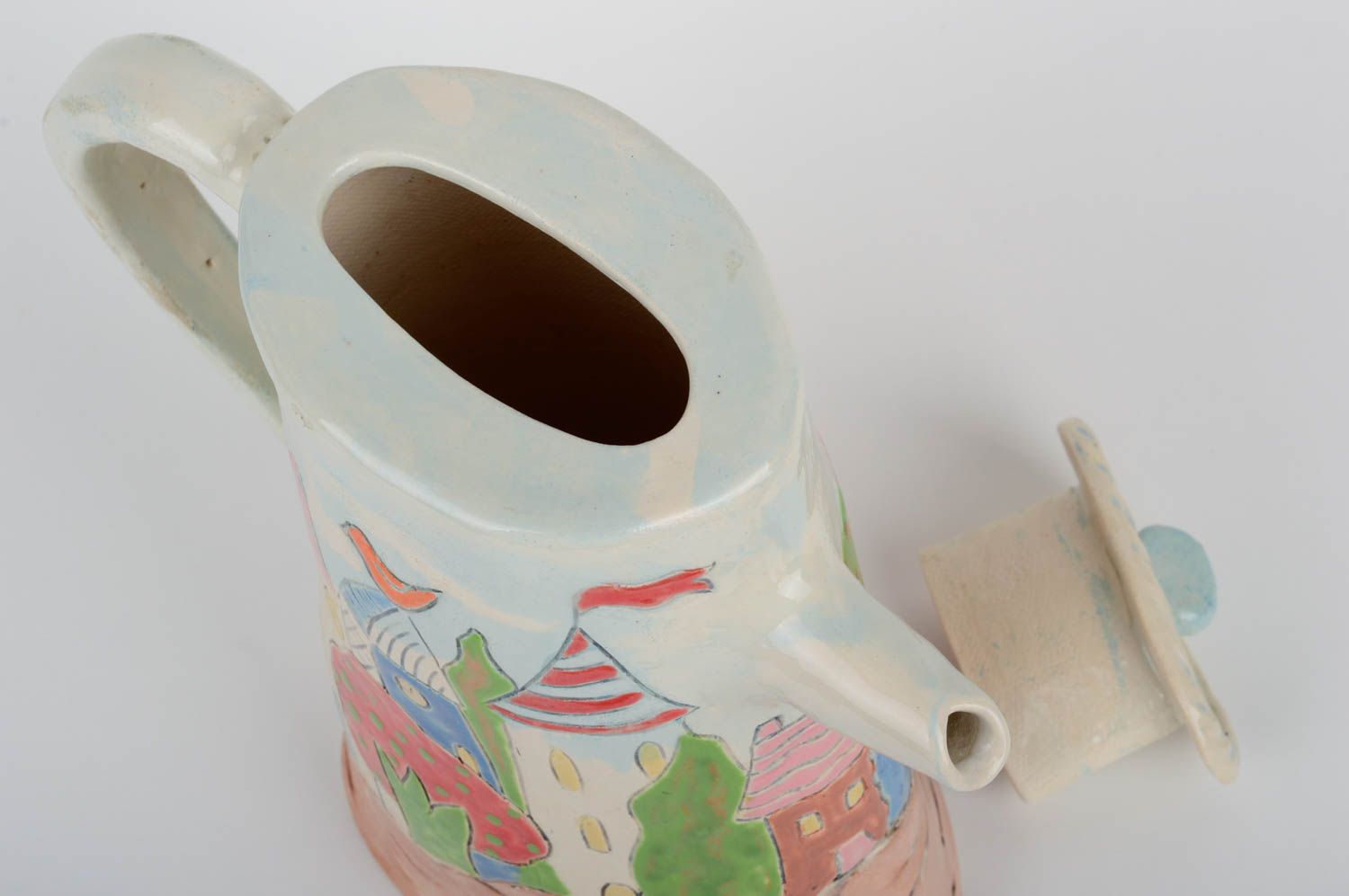 Teekanne aus Ton handgemacht Deko aus Naturmaterialien bunt Keramik Kanne foto 4