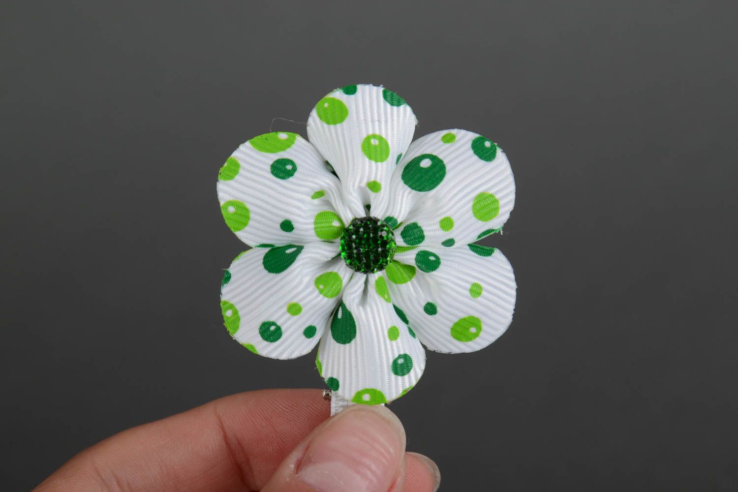 Homemade designer hair clip with white and green satin ribbon kanzashi flower photo 5