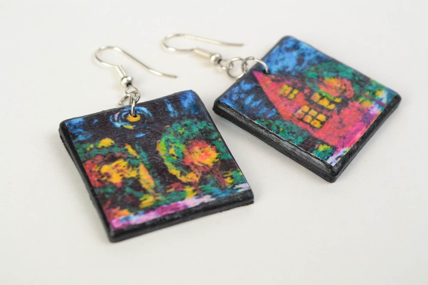 Large handmade decoupage polymer clay square earrings with hook ear wires photo 4