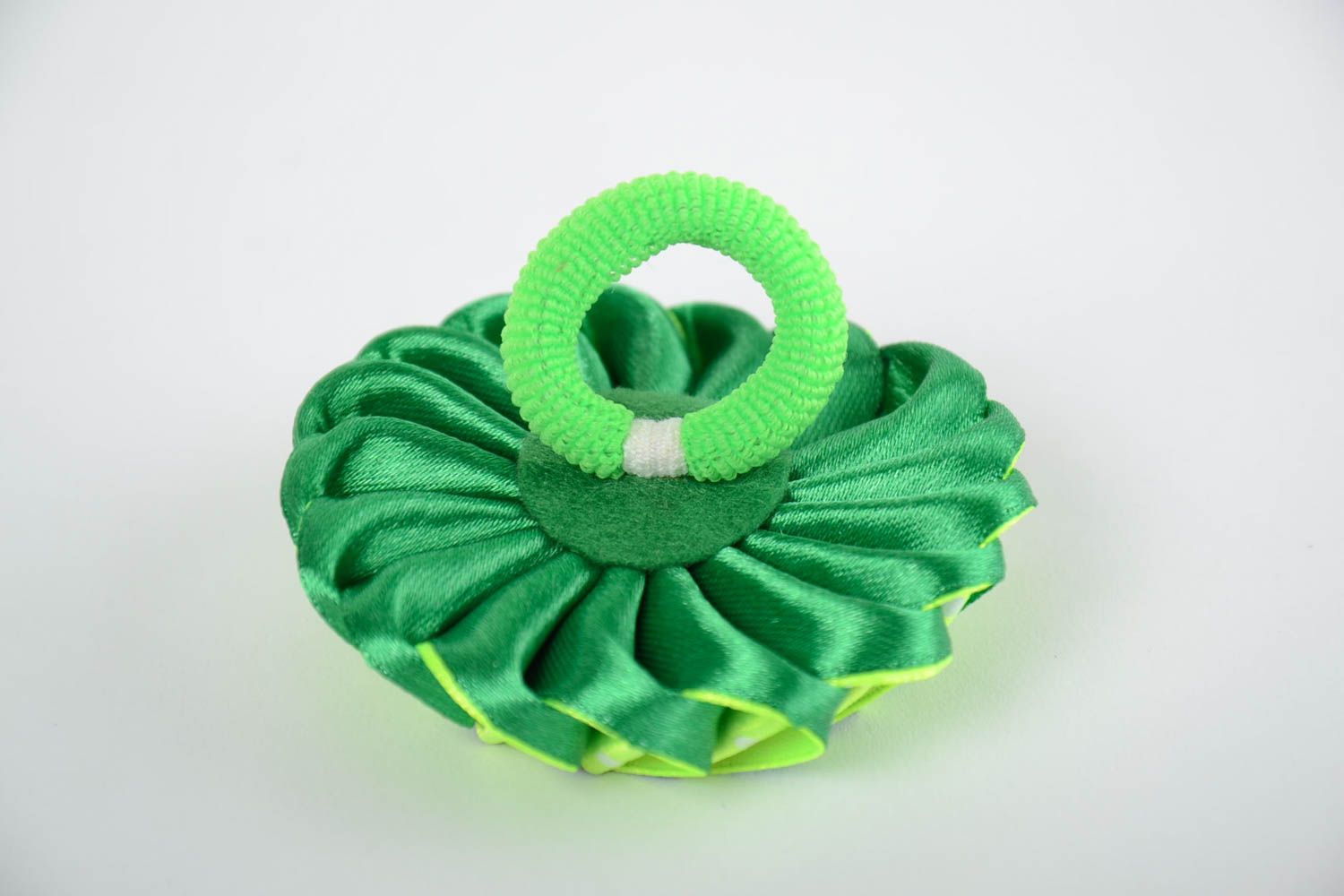 Handmade designer hair band with bright green satin ribbon kanzashi flower  photo 3