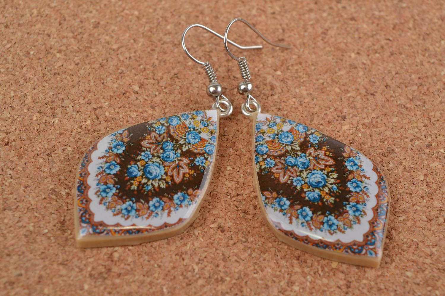 Handmade stylish polymer clay oval earrings with decoupage Landscape photo 1
