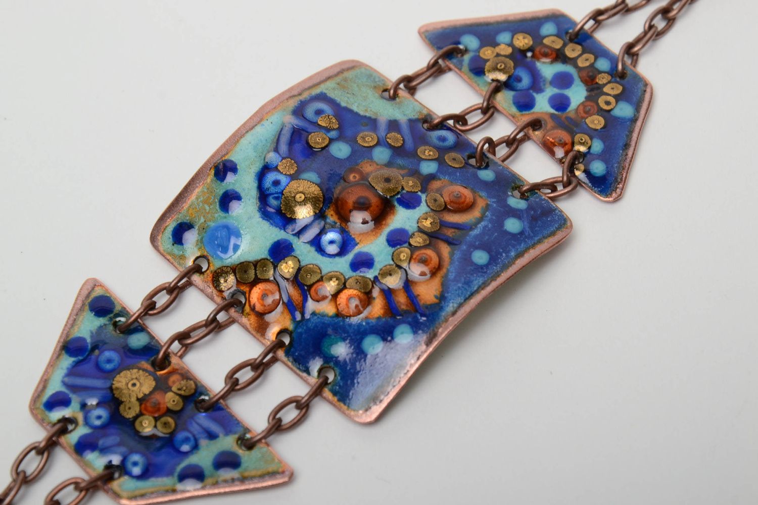 Copper bracelet painted with enamels of blue color photo 4
