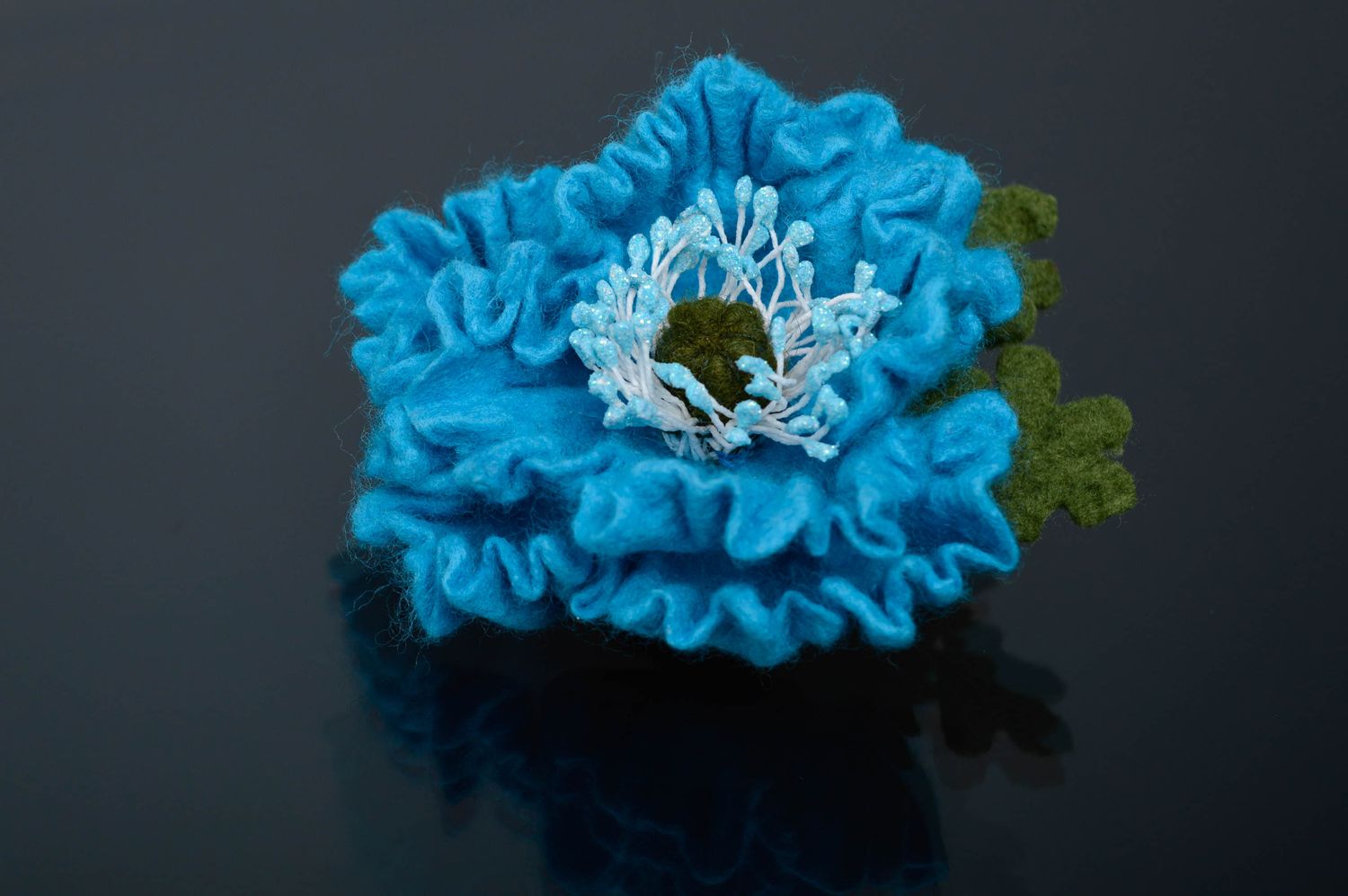 Handmade wool brooch made using felting technique Blue Flower photo 1