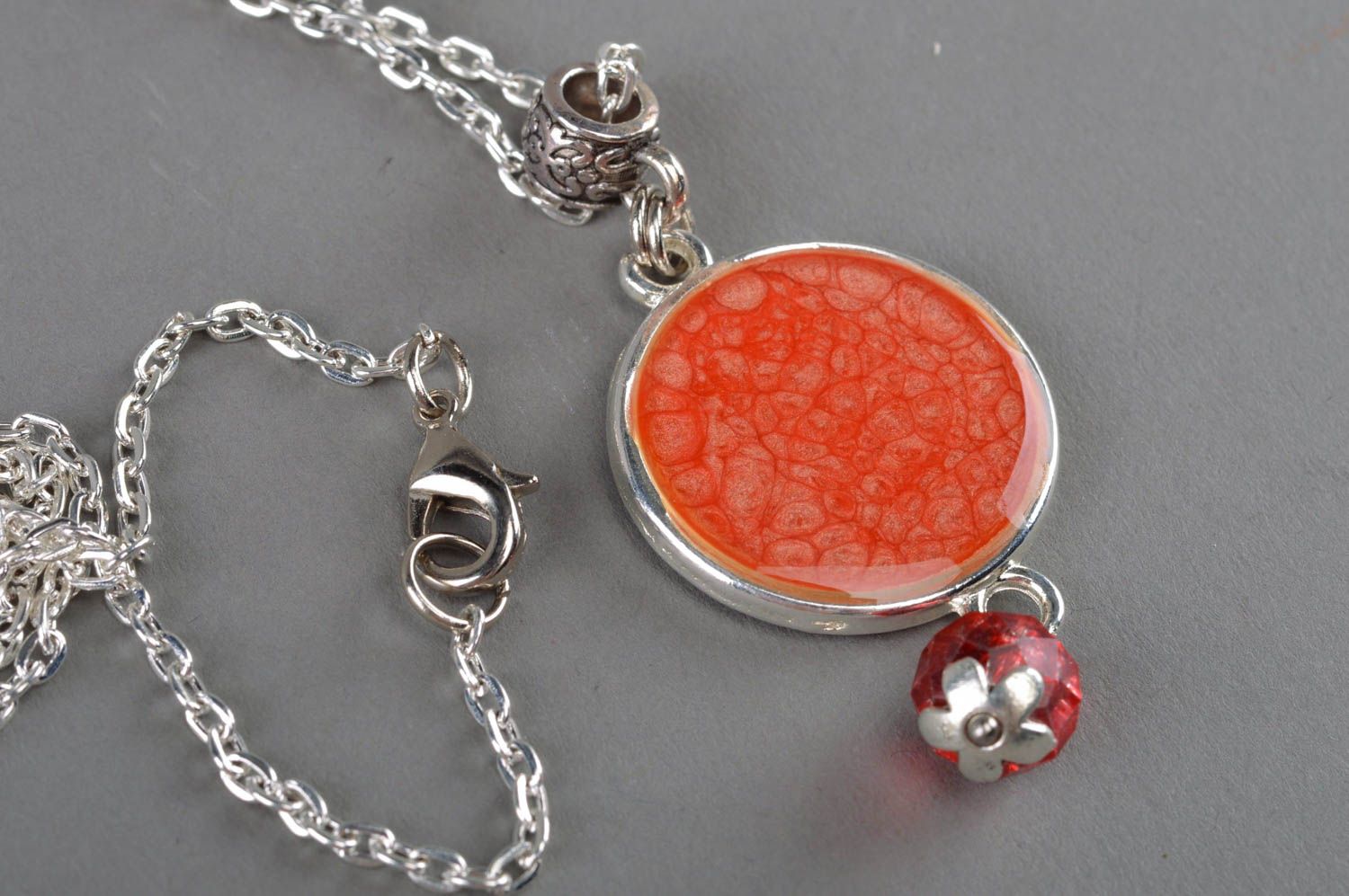 Stylish handmade orange decoupage neck pendant coated with epoxy resin and decorated with bead photo 2