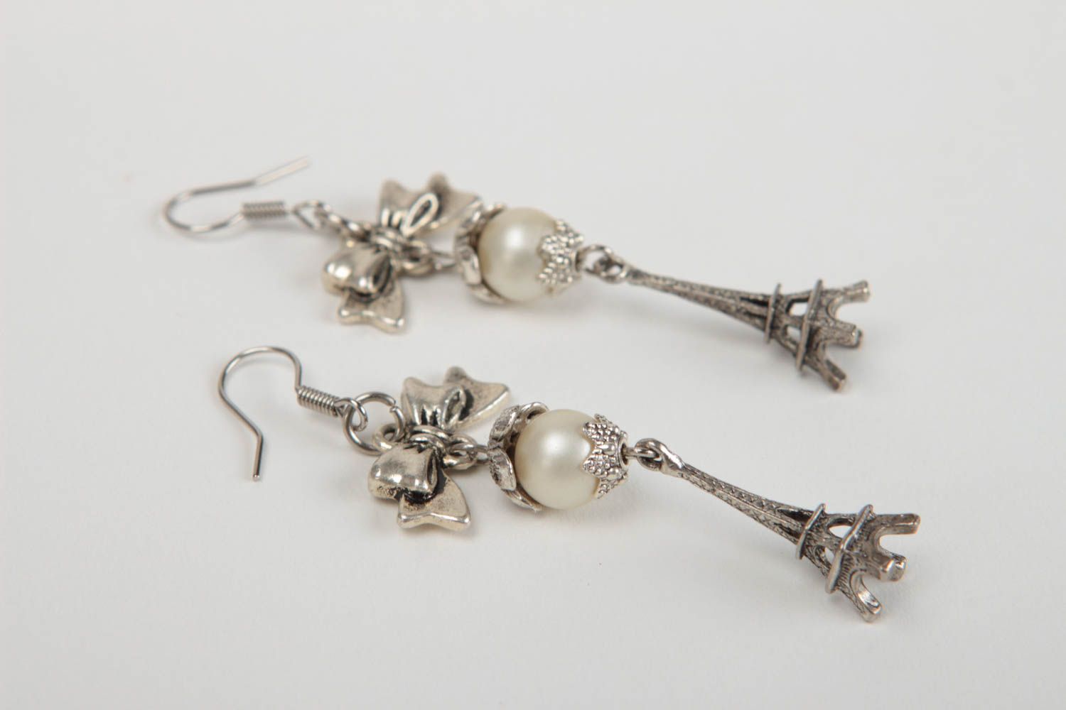 Beautiful long metal earrings with pearl beads designer jewelry gifts for her photo 3