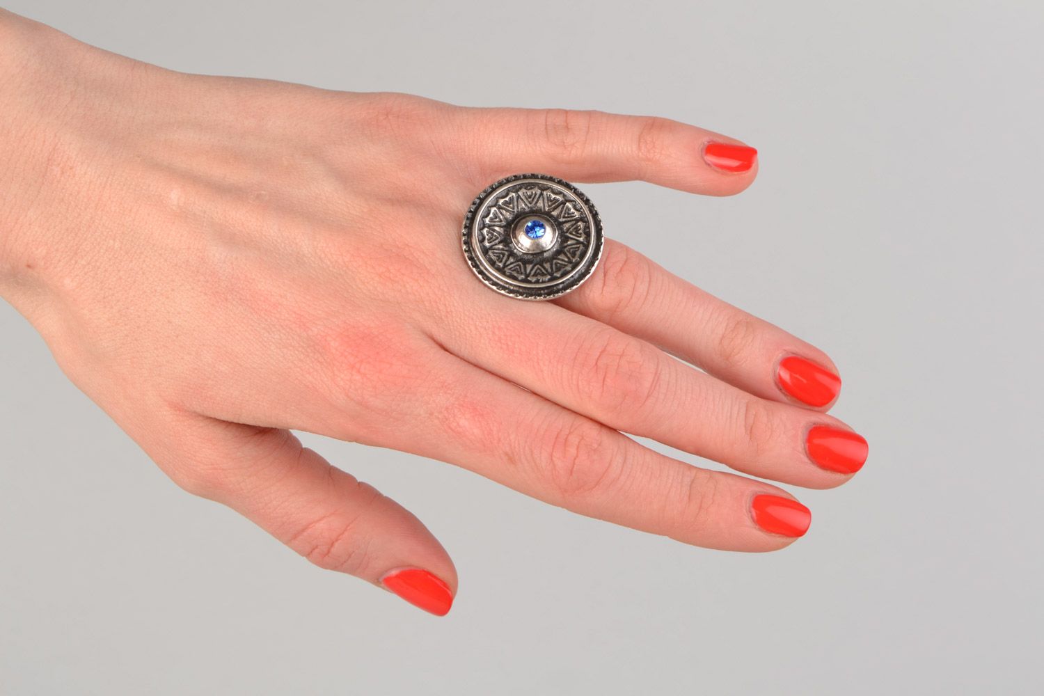Handmade metal round ring with rhinestone ornamented in ethnic style for women photo 2
