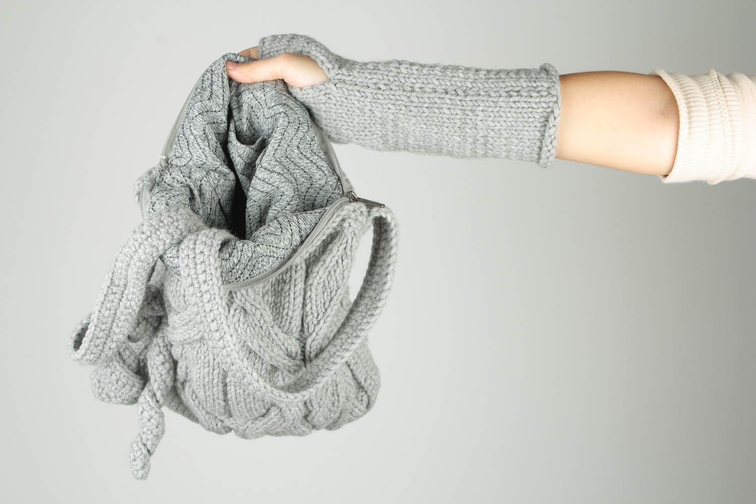 Mala de malha com mitenes de fios de lã acessórios femininos quentes tricotados  foto 4