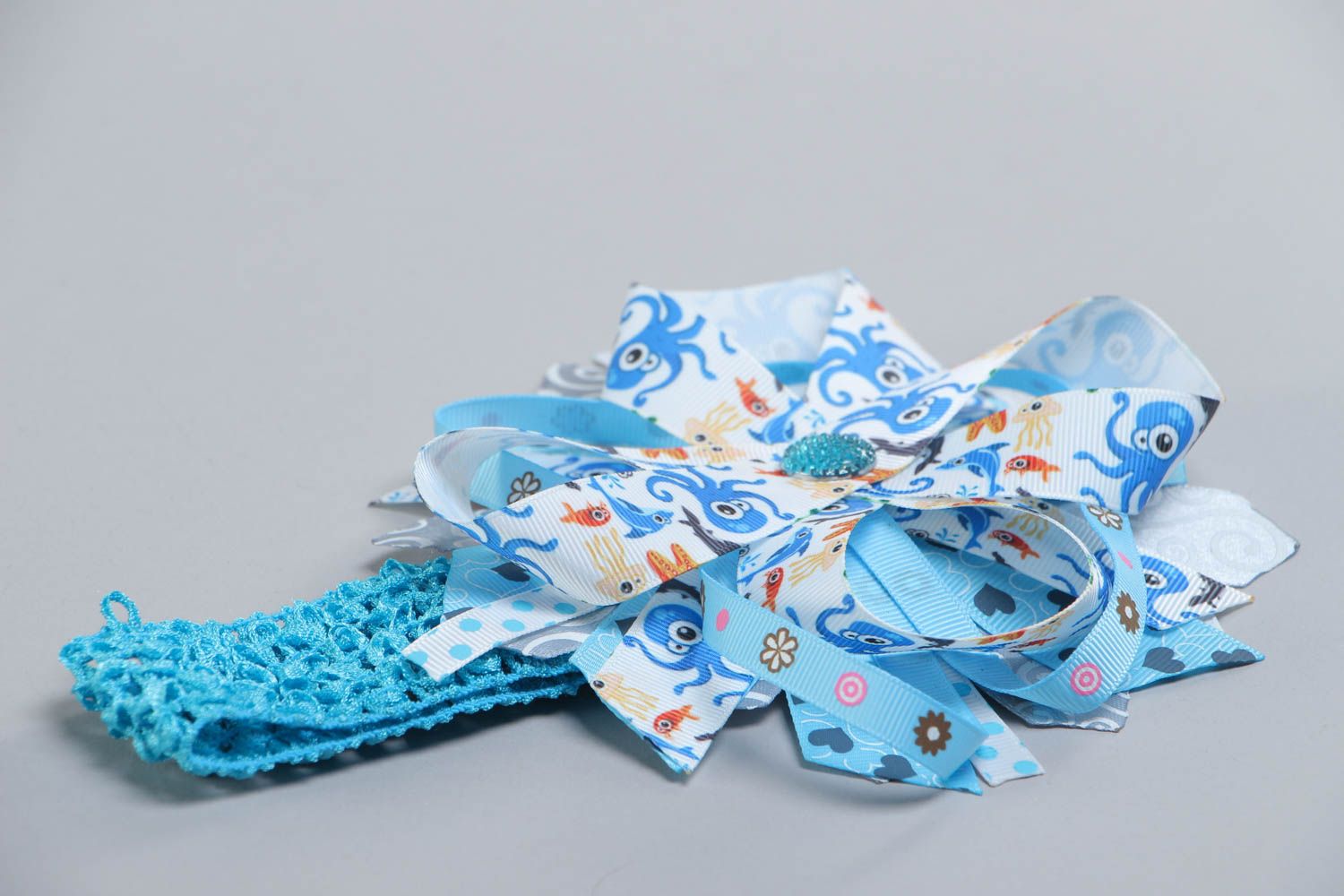 Tender handmade headband with stretch basis and bright blue satin ribbon bow photo 3