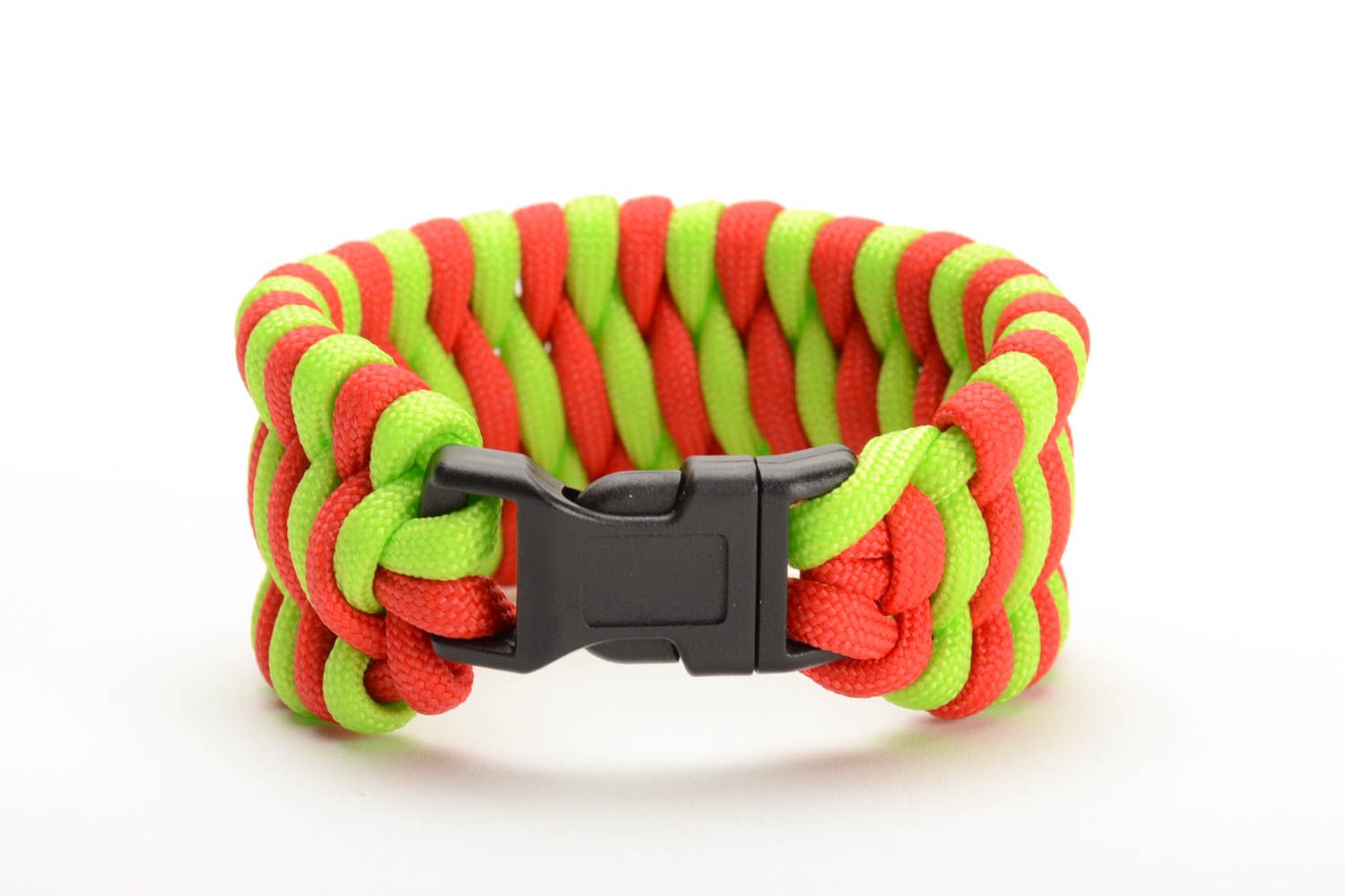 Handmade wrist survival bracelet woven of bright paracords with plastic fastener photo 3