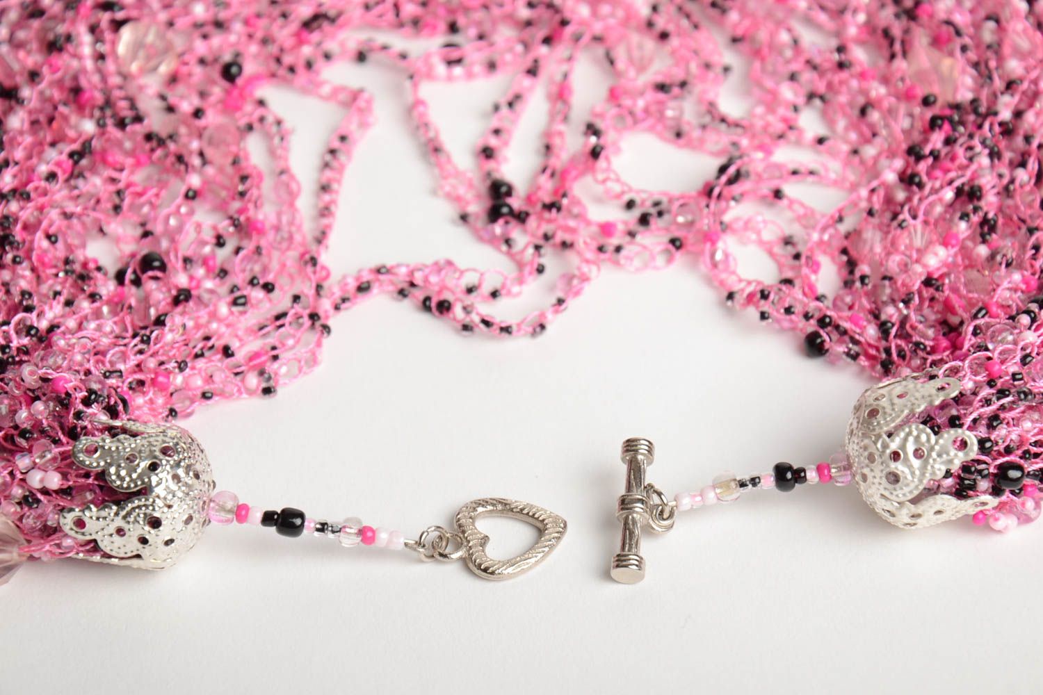 Multirow handmade designer pink necklace woven of Czech beads photo 4