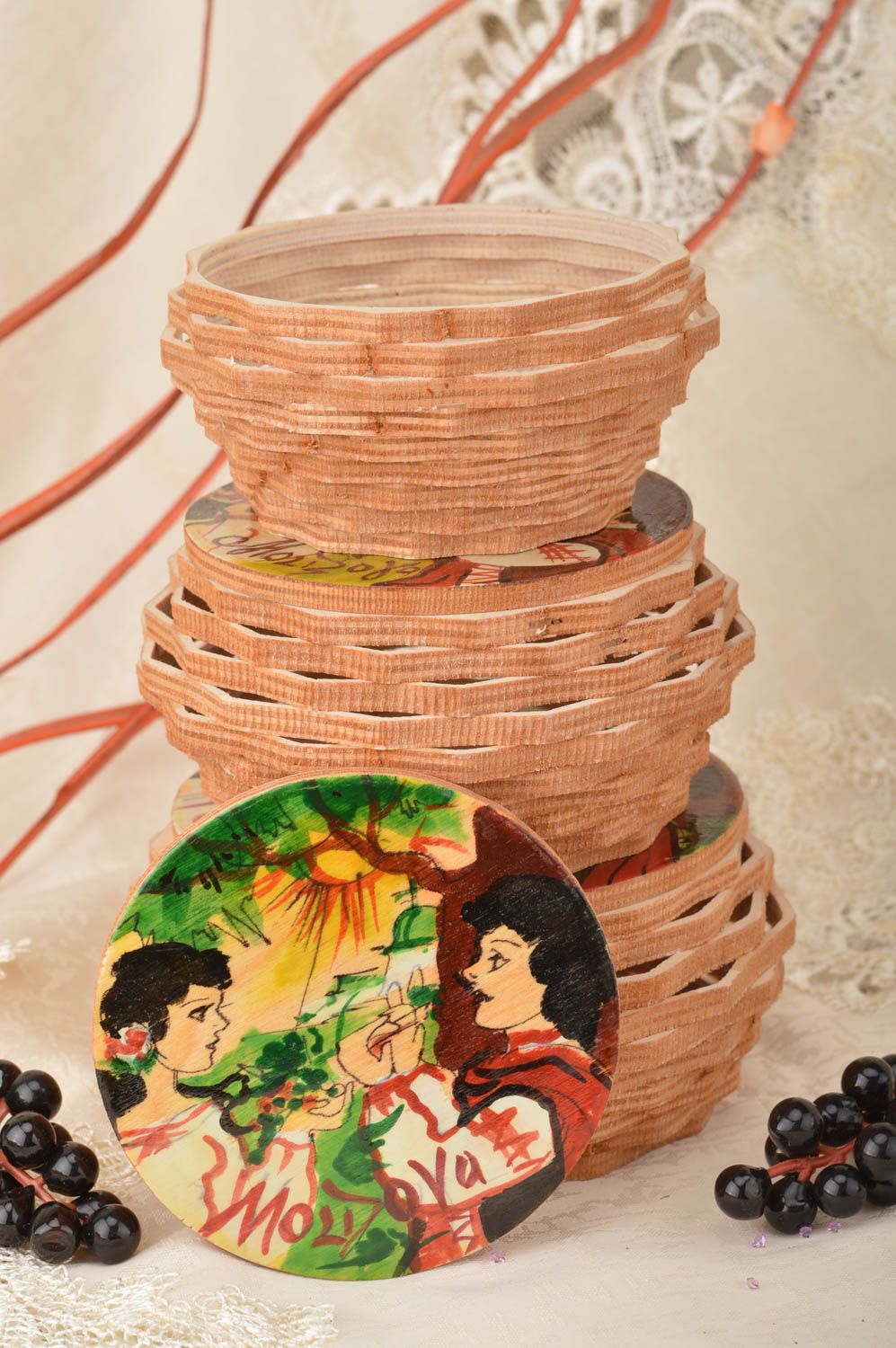 Set of handmade painted round beautiful jewelry boxes made of plywood 3 pieces photo 1