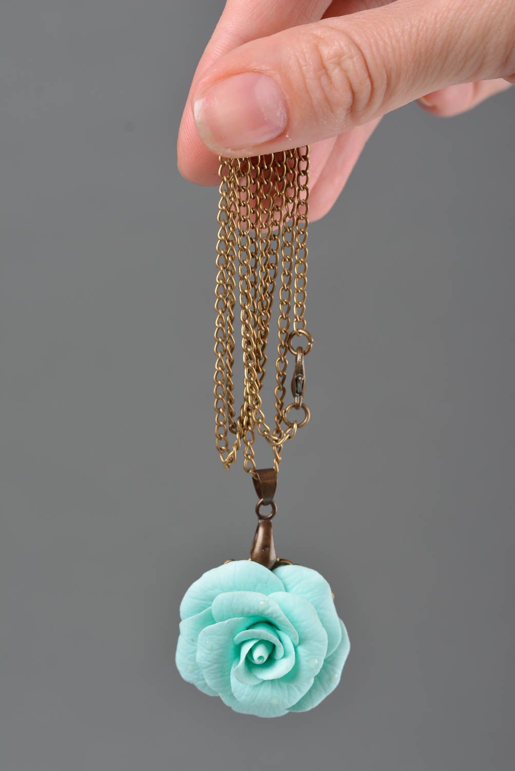 Elegant handmade designer blue polymer clay flower pendant on long chain Rose photo 4
