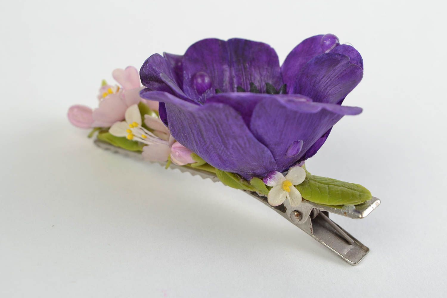 Bright handmade cold porcelain flower hair clip designer accessory Hollyhock  photo 4