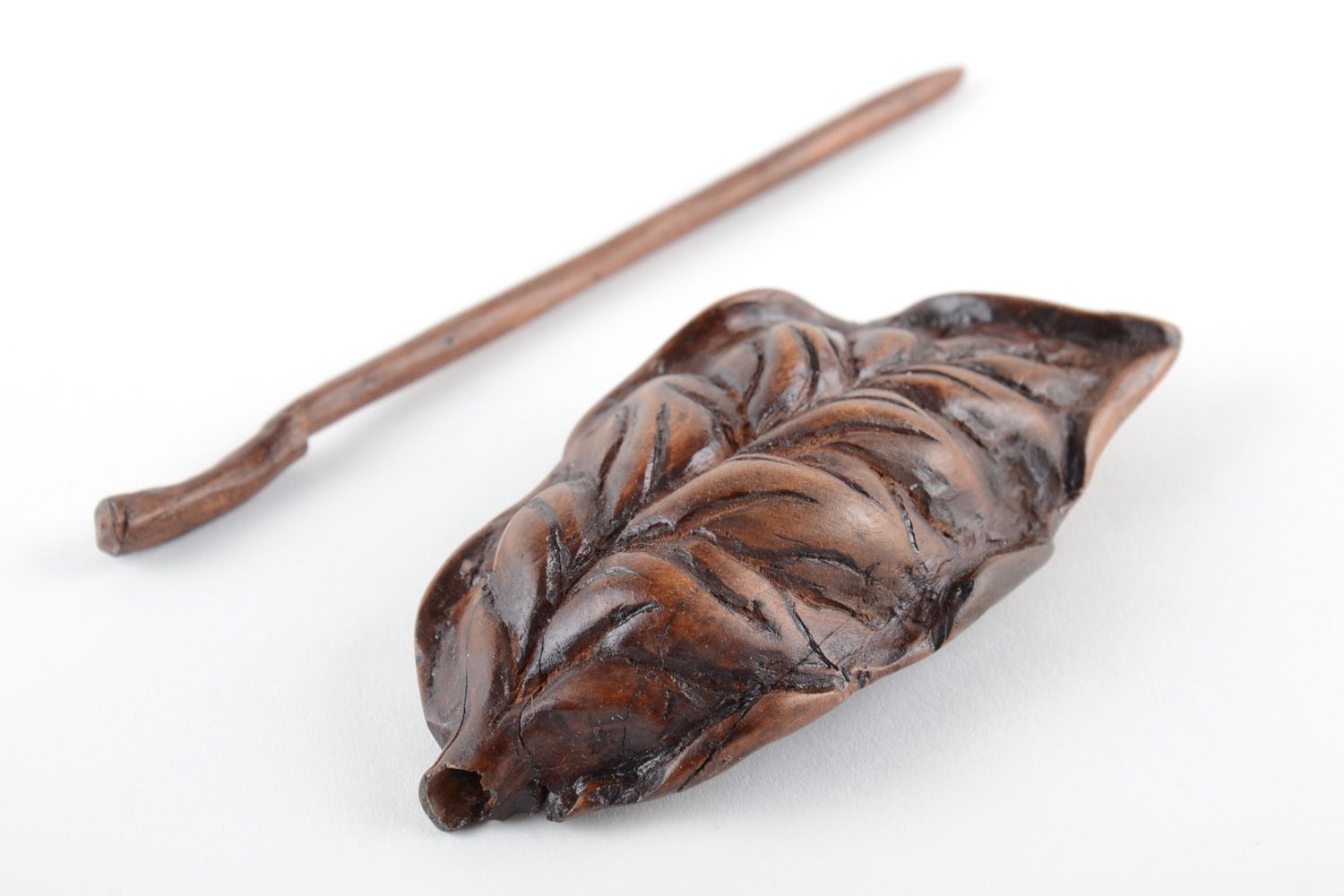 Hair jewelry Beautiful dark tinted wooden hair clip in the shape of leaf with stick handmade photo 5