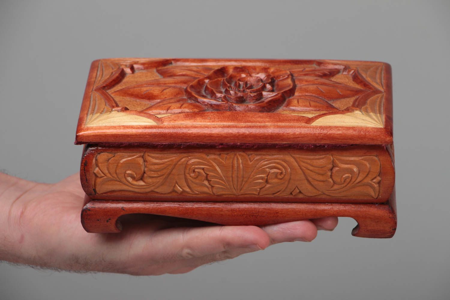 Beautiful designer handmade carved wooden jewelry box varnished photo 5