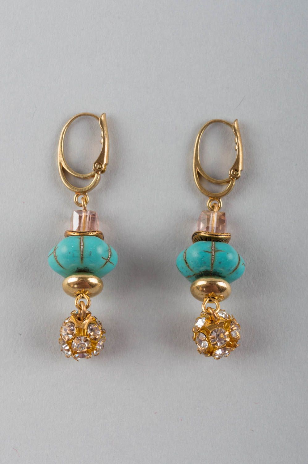 Earrings with natural stone charms brass jewelry beautiful turquoise accessory photo 2