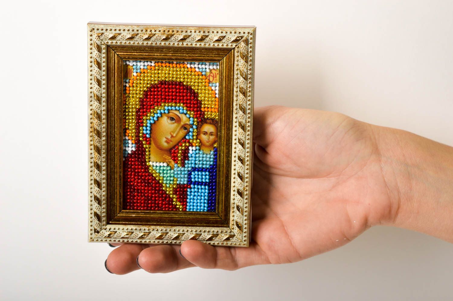 Handmade Deko Stickbild mit Rahmen Orthodoxe Ikone Kreuzstich Bild klein schön foto 5