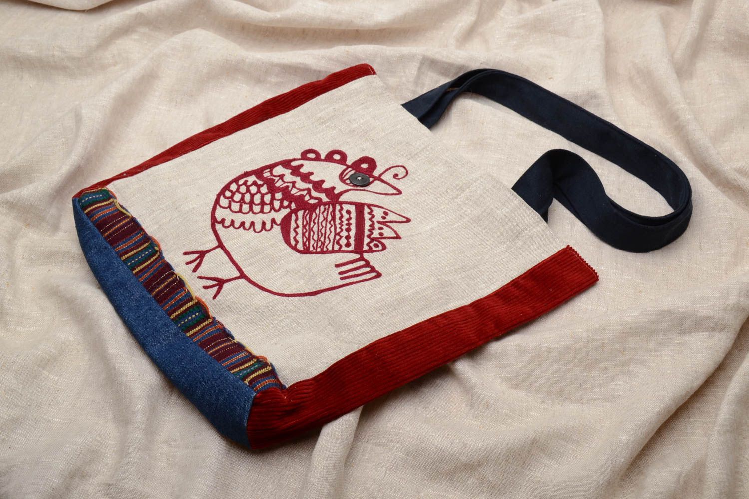 Handmade fabric bag with embroidered bird photo 2