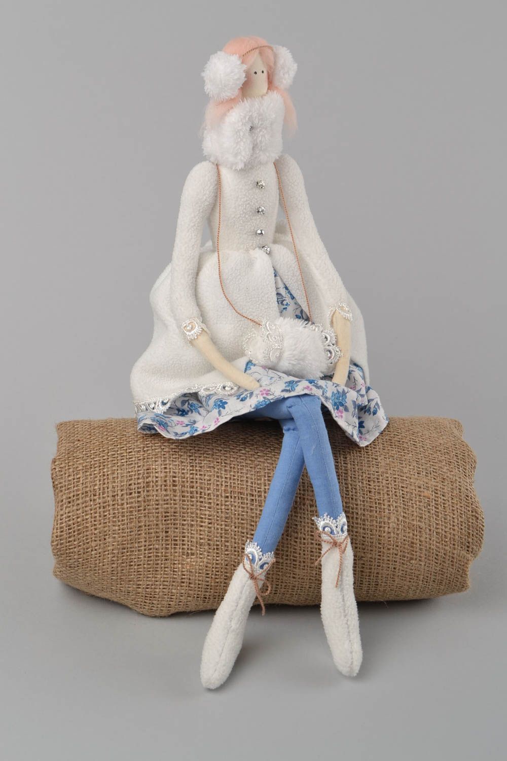 Handmade designer fabric soft doll elegant girl in white coat with muff photo 1
