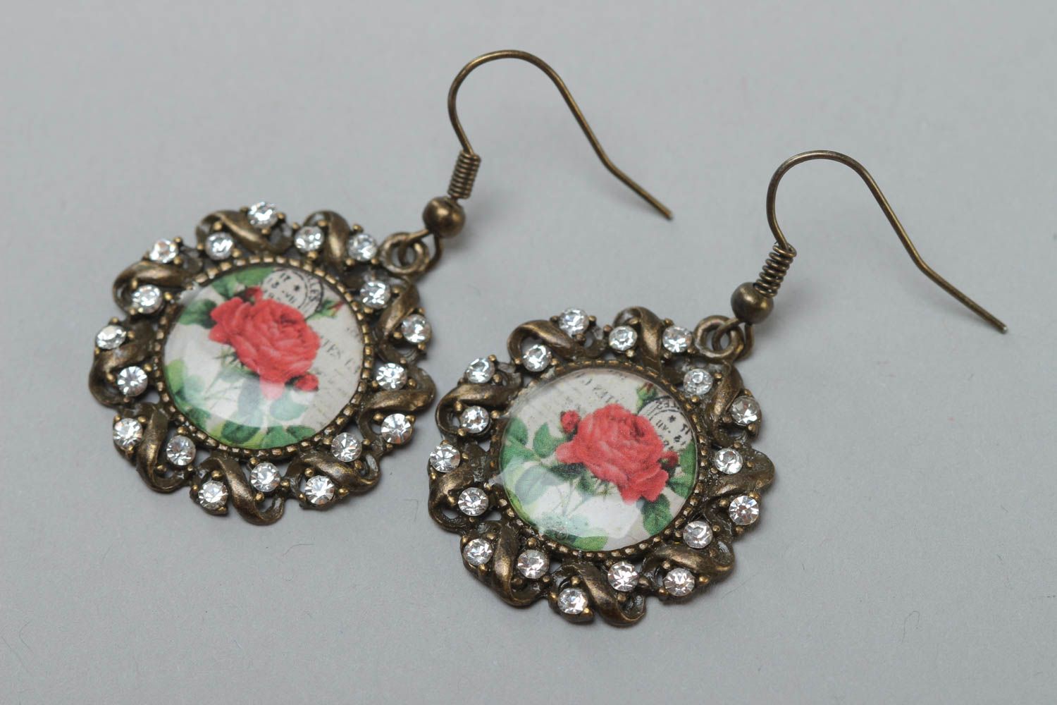 Handmade stylish earrings made of glassy glaze and metal with beads in vintage style photo 2