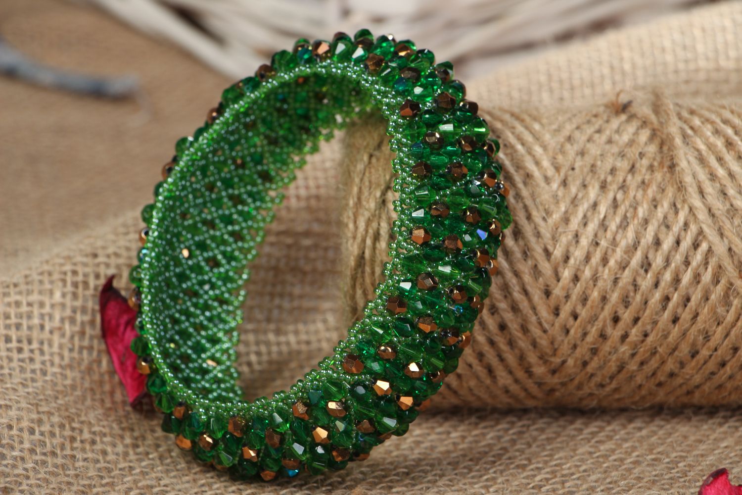 Green handmade beaded bangle bracelet with crystal beads for girls photo 4
