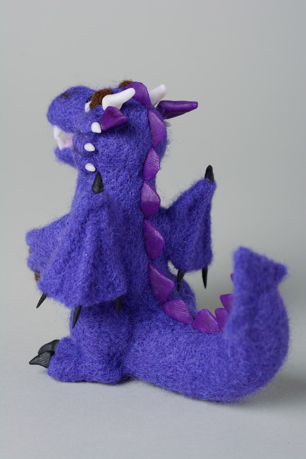 Handmade small figurine purple felted wool toy with polymer clay photo 5