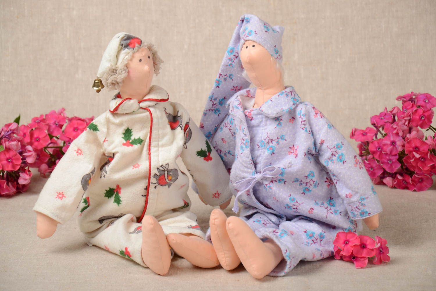 Set of 2 handmade fabric soft toys collectible rag dolls interior decorating photo 1