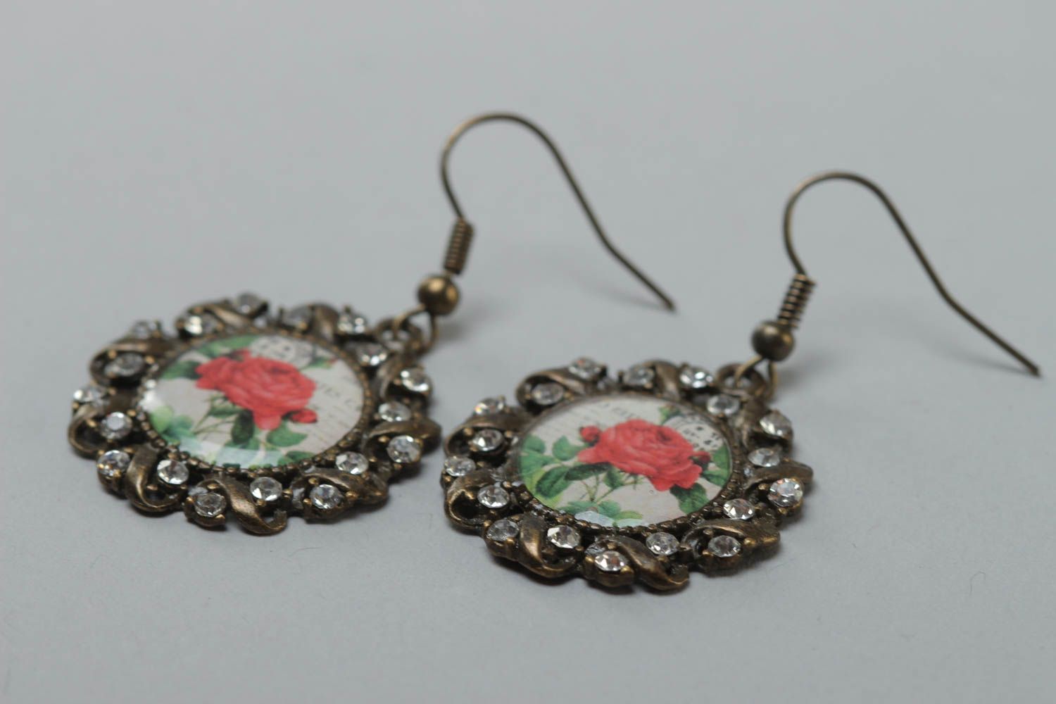Handmade stylish earrings made of glassy glaze and metal with beads in vintage style photo 3
