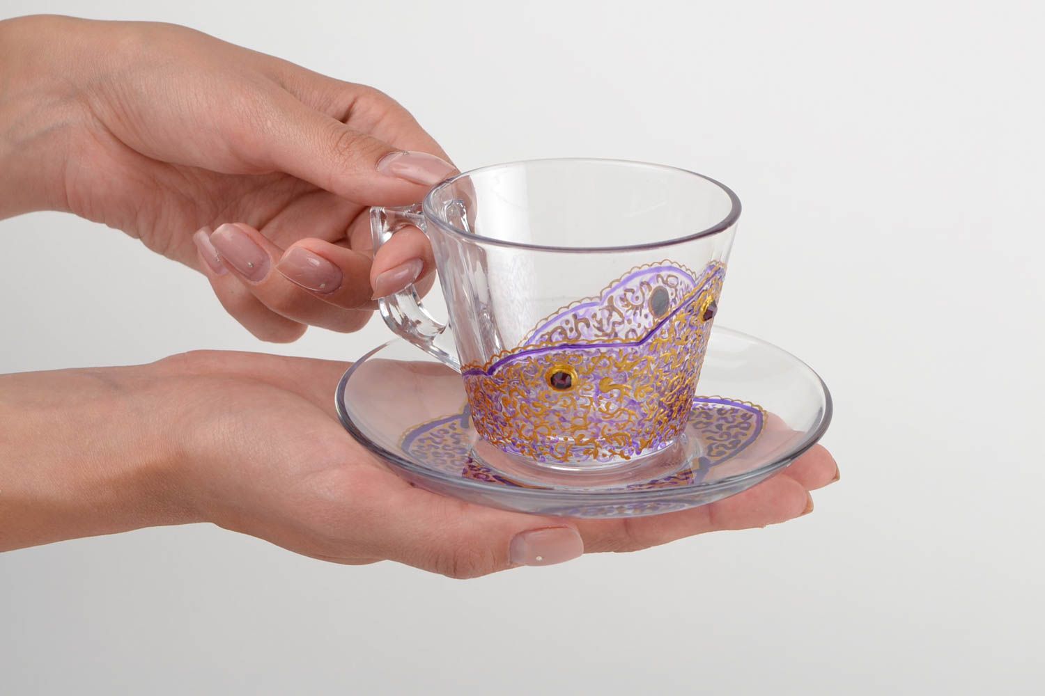 Clear glass 6 oz teacup with saucer and handle. Purple and gold pattern photo 2